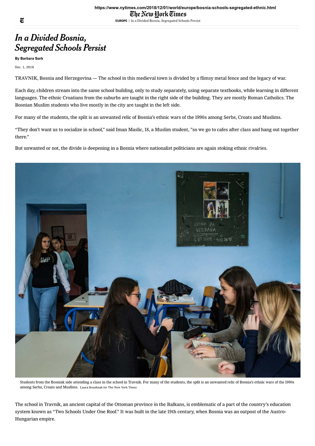 In a Divided Bosnia, Segregated Schools Persist