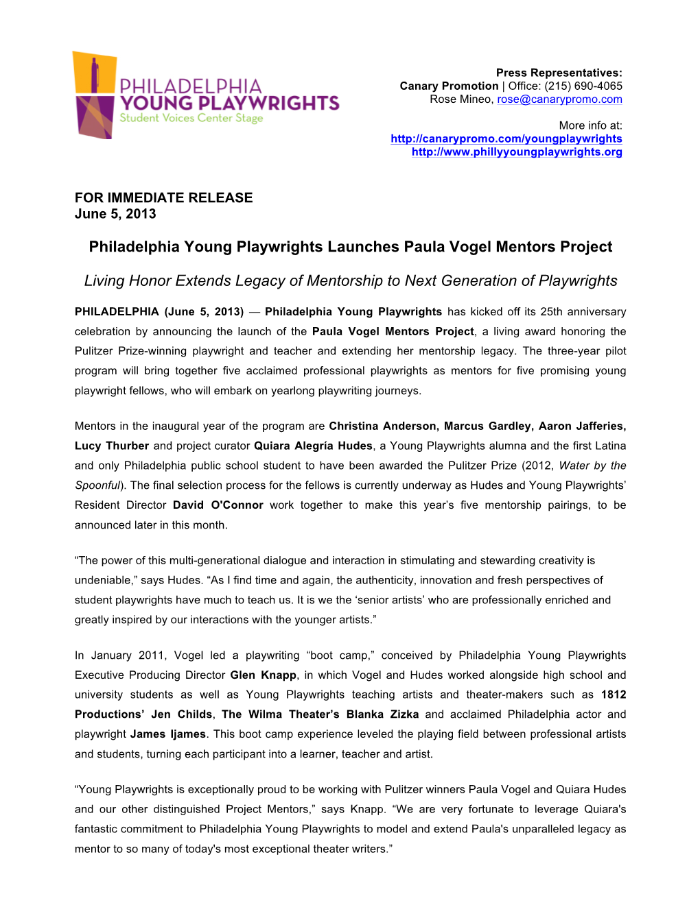 Philadelphia Young Playwrights Launches Paula Vogel Mentors Project