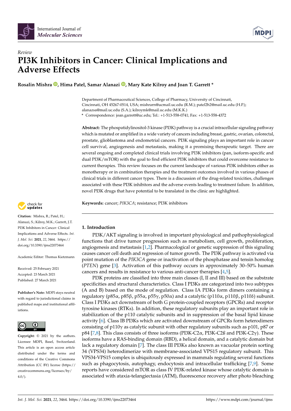 PI3K Inhibitors in Cancer: Clinical Implications and Adverse Effects