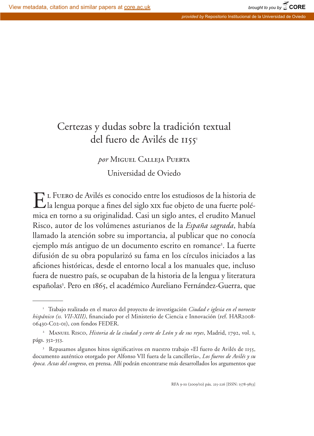 Certezas Y Dudas Sobre La Tradición Textual Del Fuero De Avilés De 11551