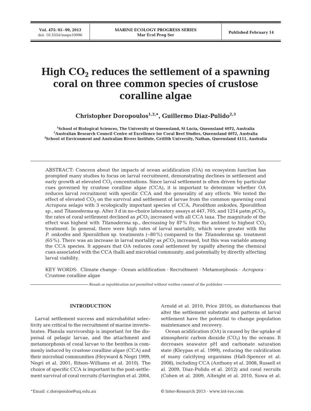 High CO2 Reduces the Settlement of a Spawning Coral on Three Common Species of Crustose Coralline Algae