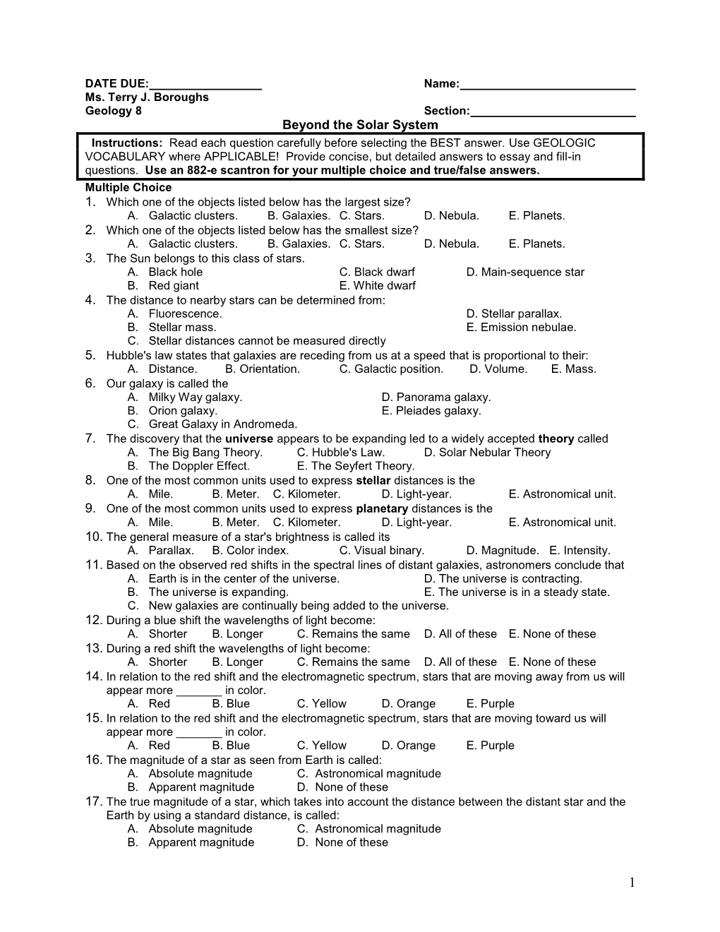 Beyond the Solar System Homework for Geology 8