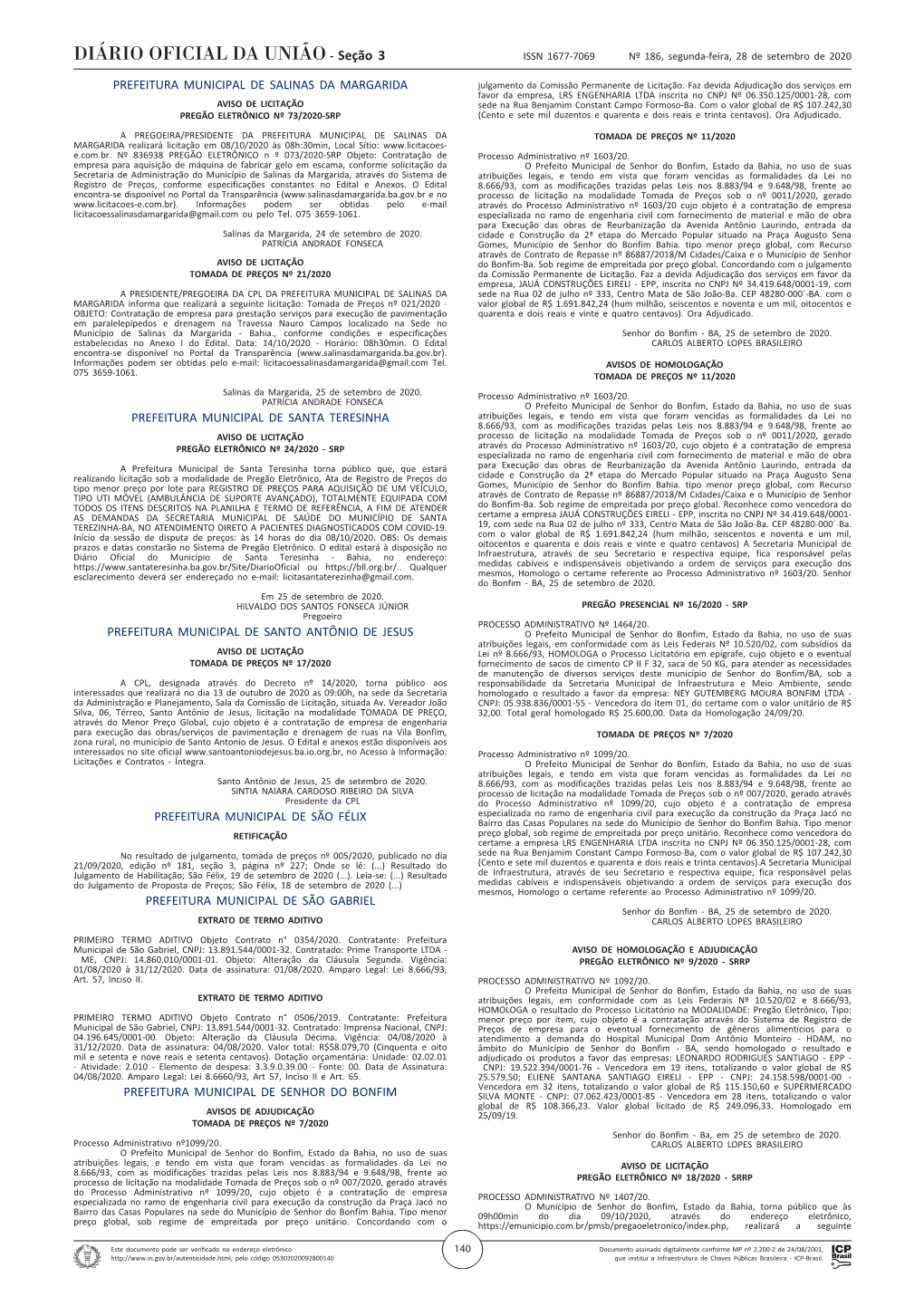 Seção 3 ISSN 1677-7069 Nº 186, Segunda-Feira, 28 De Setembro De 2020