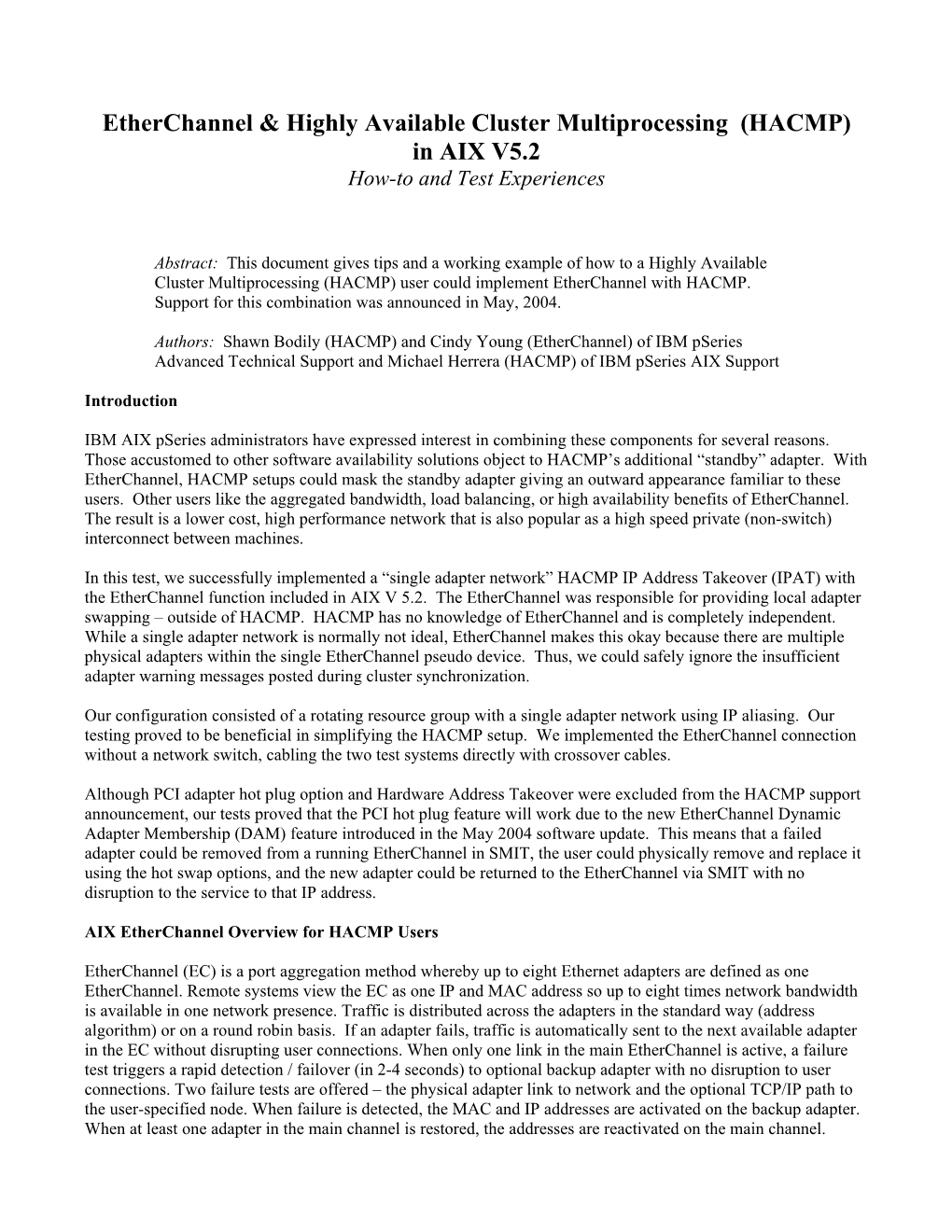 Etherchannel & Highly Available Cluster Multiprocessing (HACMP) in AIX V5.2