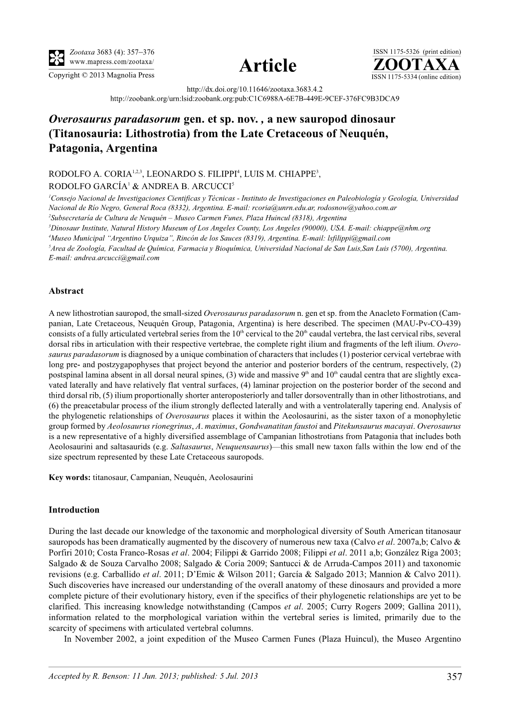 Overosaurus Paradasorum Gen. Et Sp. Nov. , a New Sauropod Dinosaur (Titanosauria: Lithostrotia) from the Late Cretaceous of Neuquén, Patagonia, Argentina