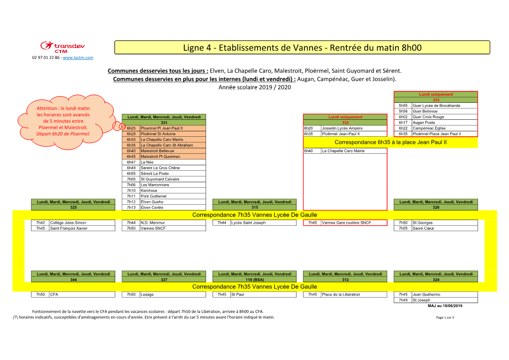 Ligne 4 - Etablissements De Vannes - Rentrée Du Matin 8H00 02 97 01 22 86