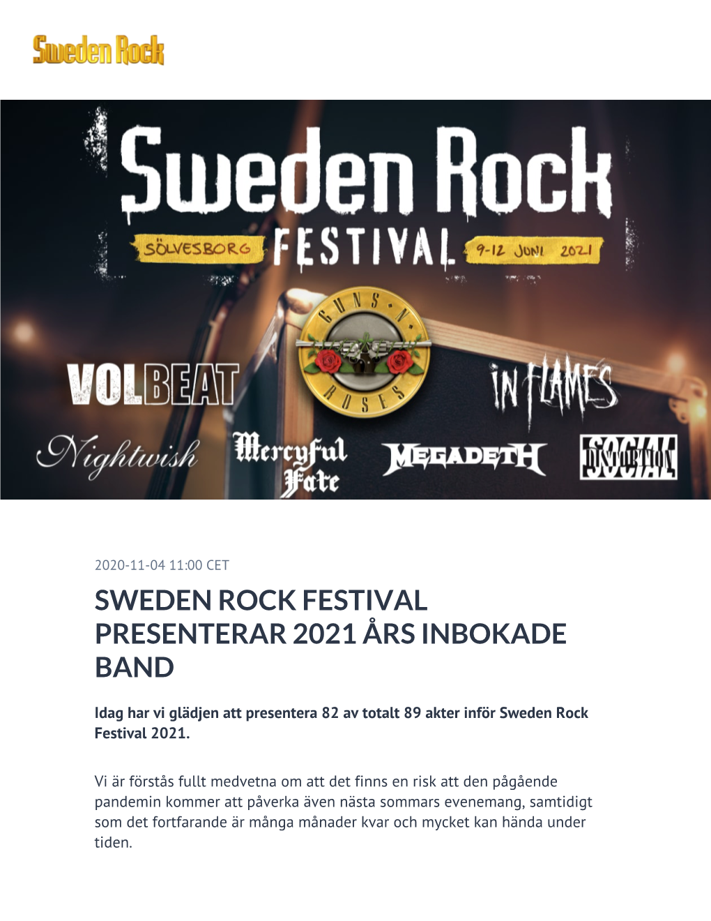 Sweden Rock Festival Presenterar 2021 Års Inbokade Band