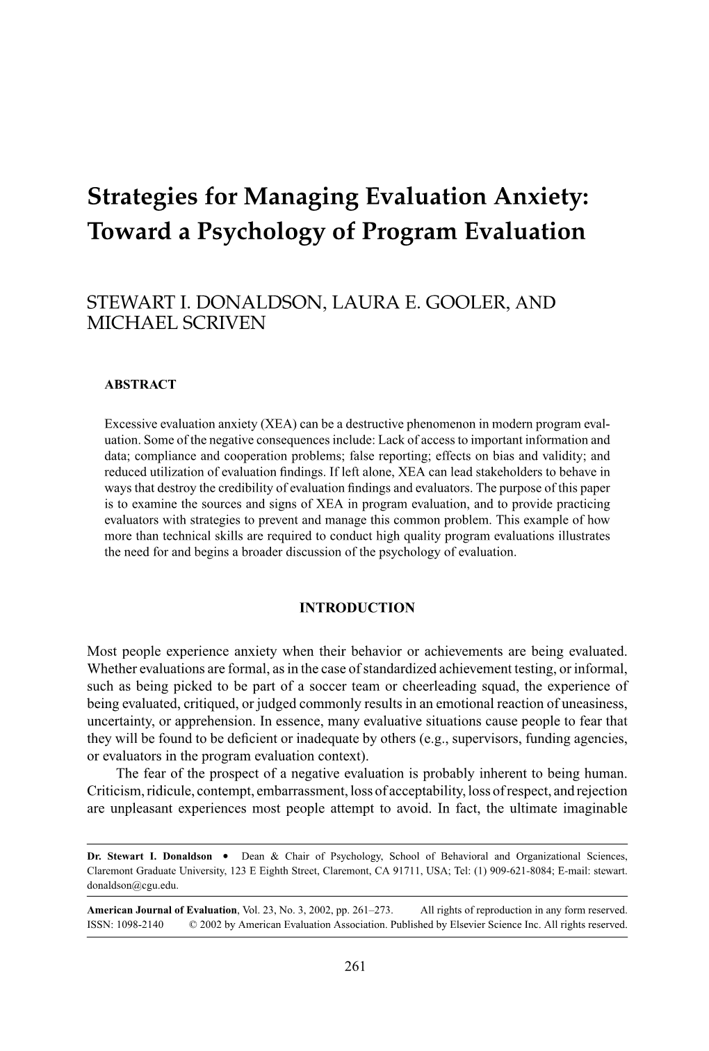 Strategies for Managing Evaluation Anxiety: Toward a Psychology of Program Evaluation