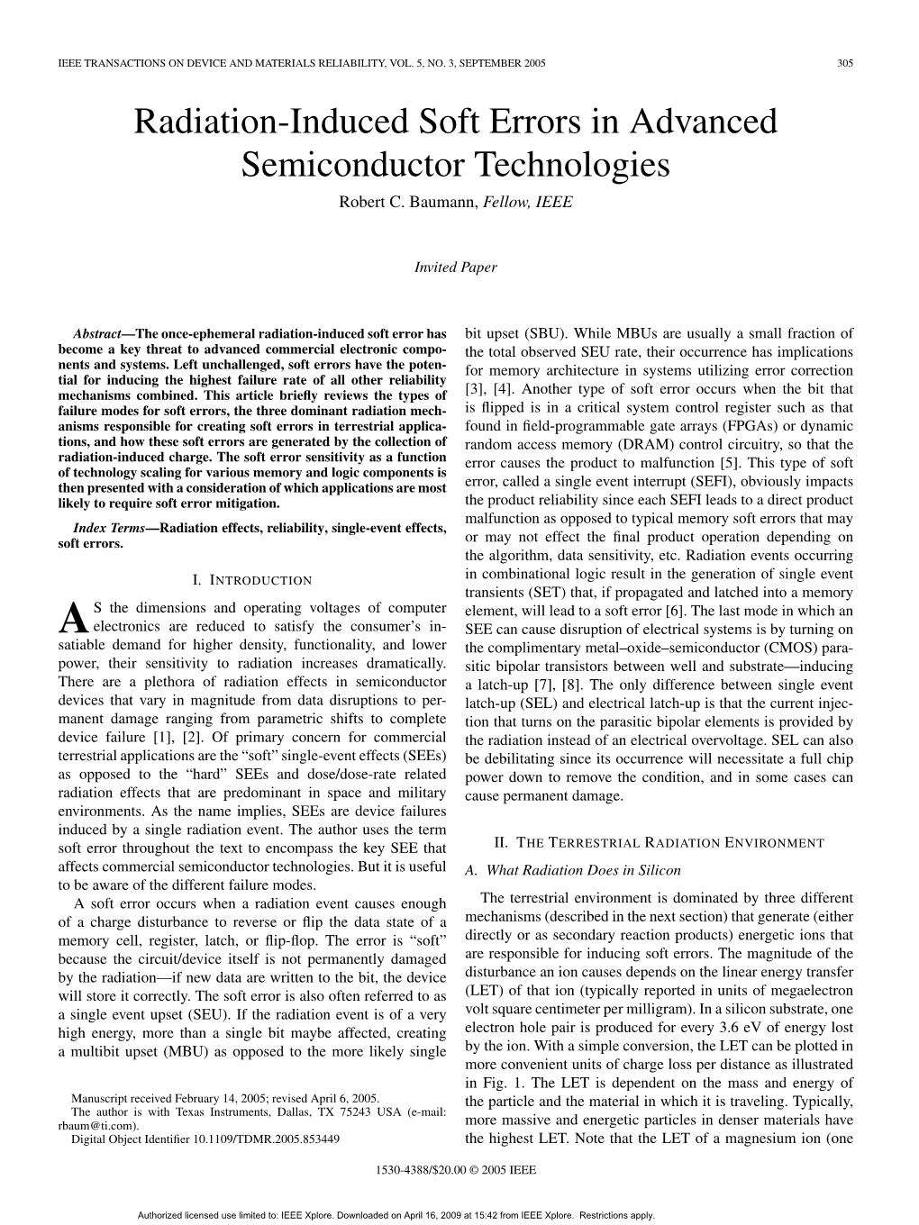 Radiation-Induced Soft Errors in Advanced Semiconductor Technologies Robert C