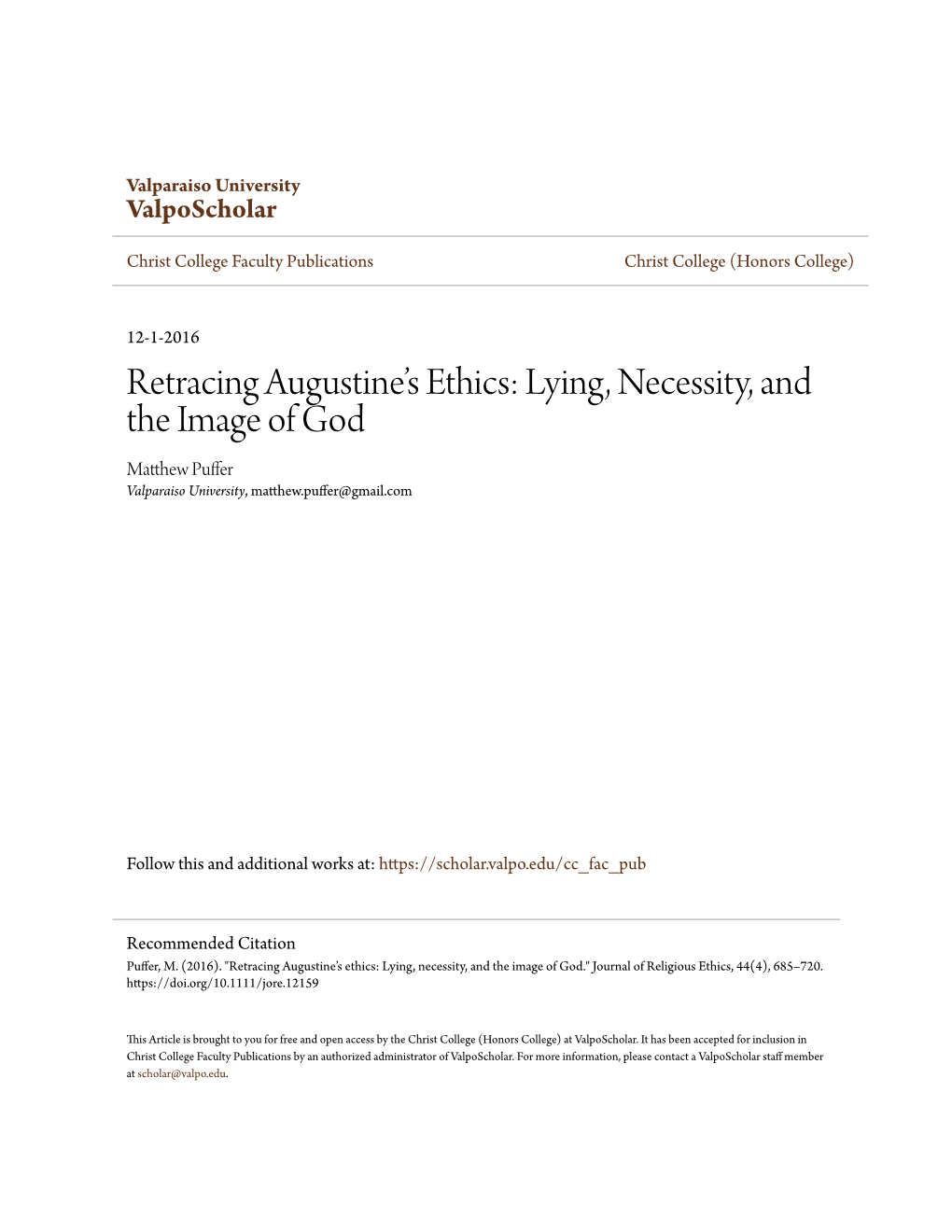 Retracing Augustine's Ethics: Lying, Necessity, and the Image Of