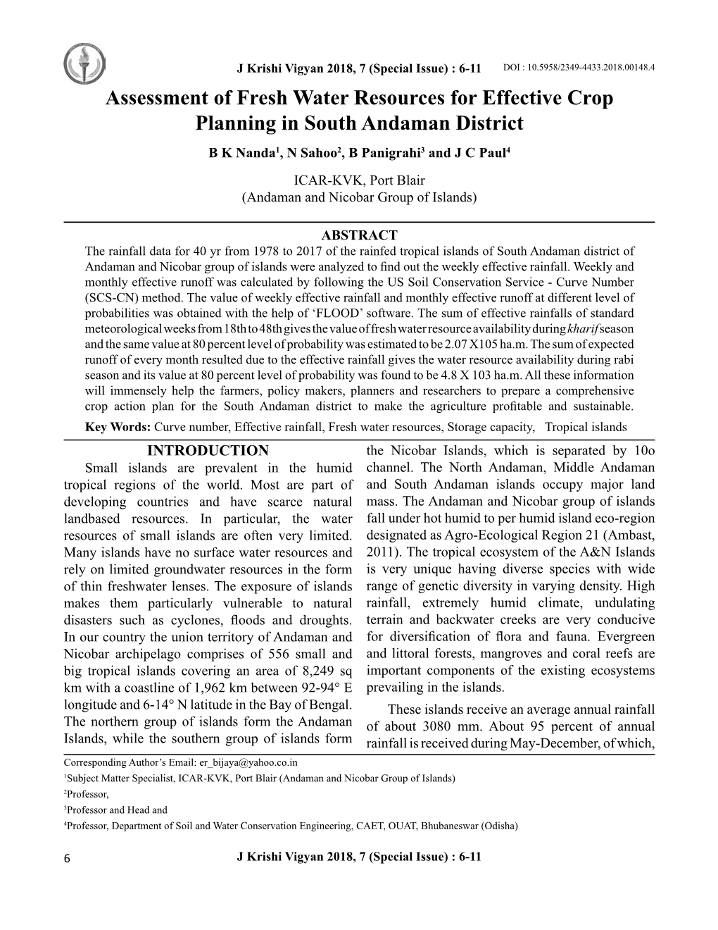 Assessment of Fresh Water Resources for Effective Crop Planning in South Andaman District