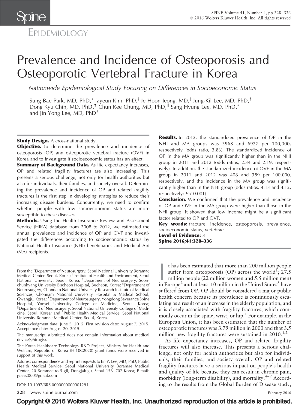 Prevalence and Incidence of Osteoporosis and Osteoporotic Vertebral Fracture in Korea Nationwide Epidemiological Study Focusing on Differences in Socioeconomic Status