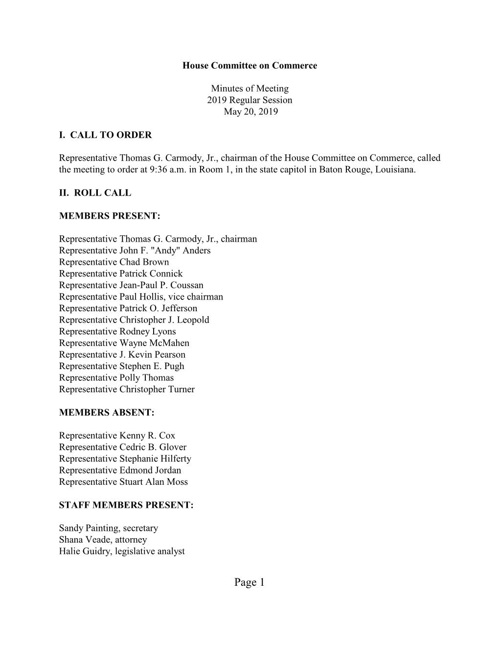 S:\HOUSE LEGIS SERVICES\Committee Docs\2019\Commerce\Minutes\COM MINUTES 052019.Wpd