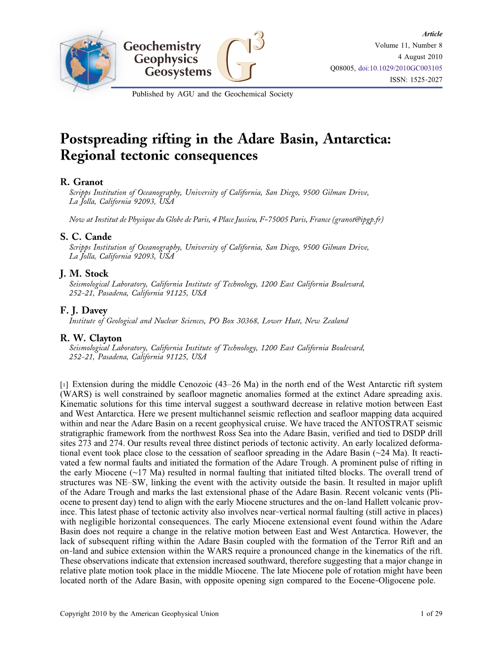 Postspreading Rifting in the Adare Basin, Antarctica: Regional Tectonic Consequences