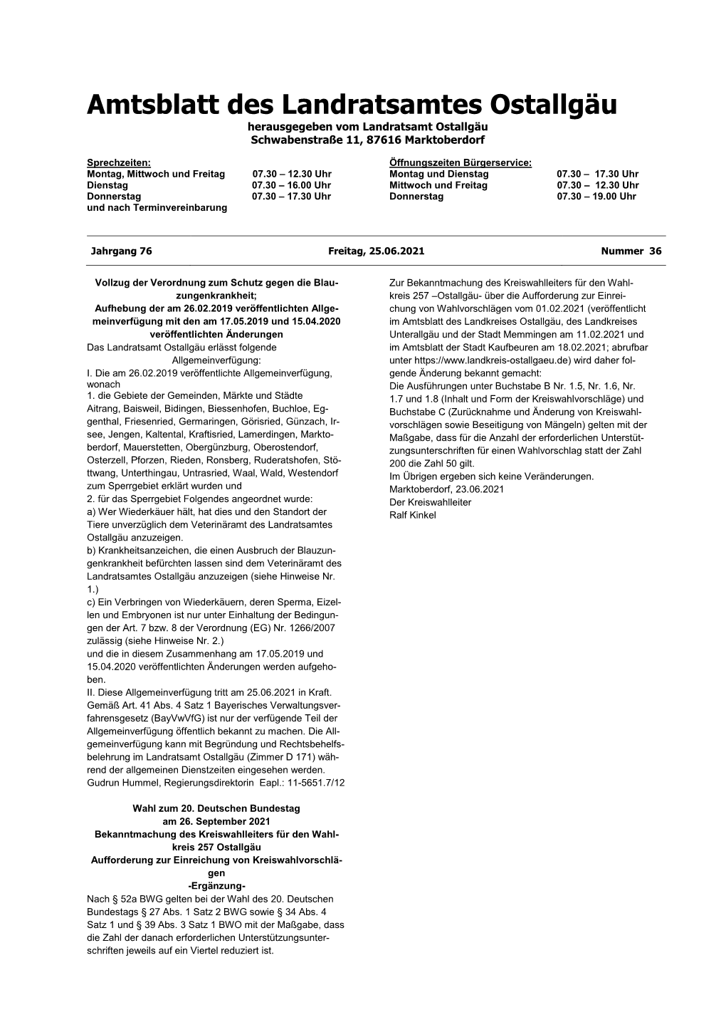 Amtsblatt Des Landratsamtes Ostallgäu Herausgegeben Vom Landratsamt Ostallgäu Schwabenstraße 11, 87616 Marktoberdorf