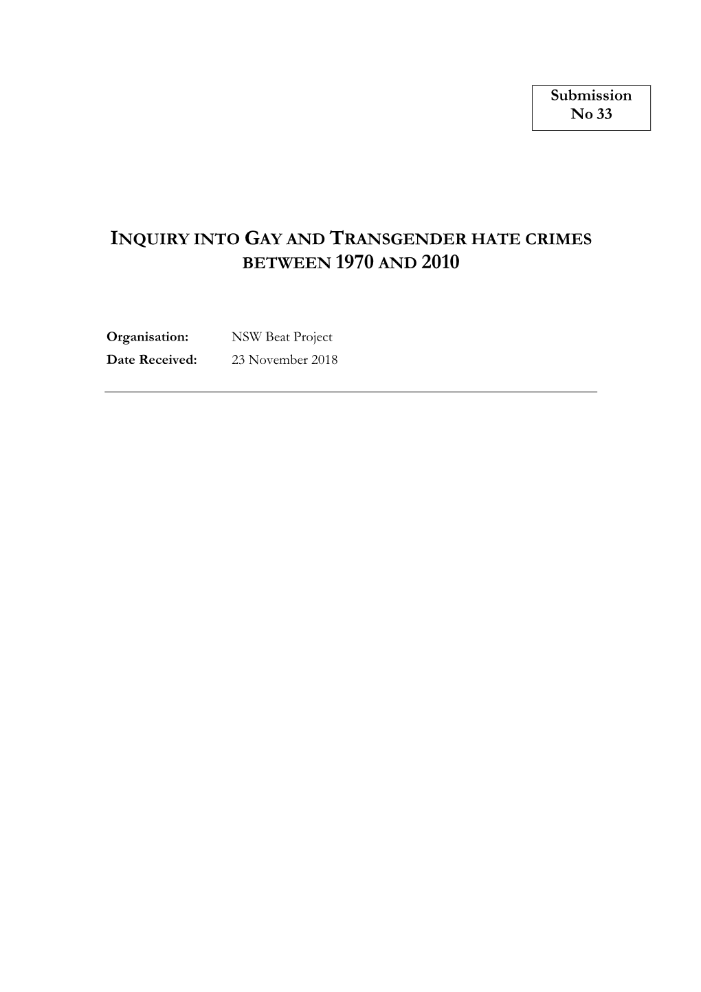 Submission No 33 INQUIRY INTO GAY and TRANSGENDER HATE