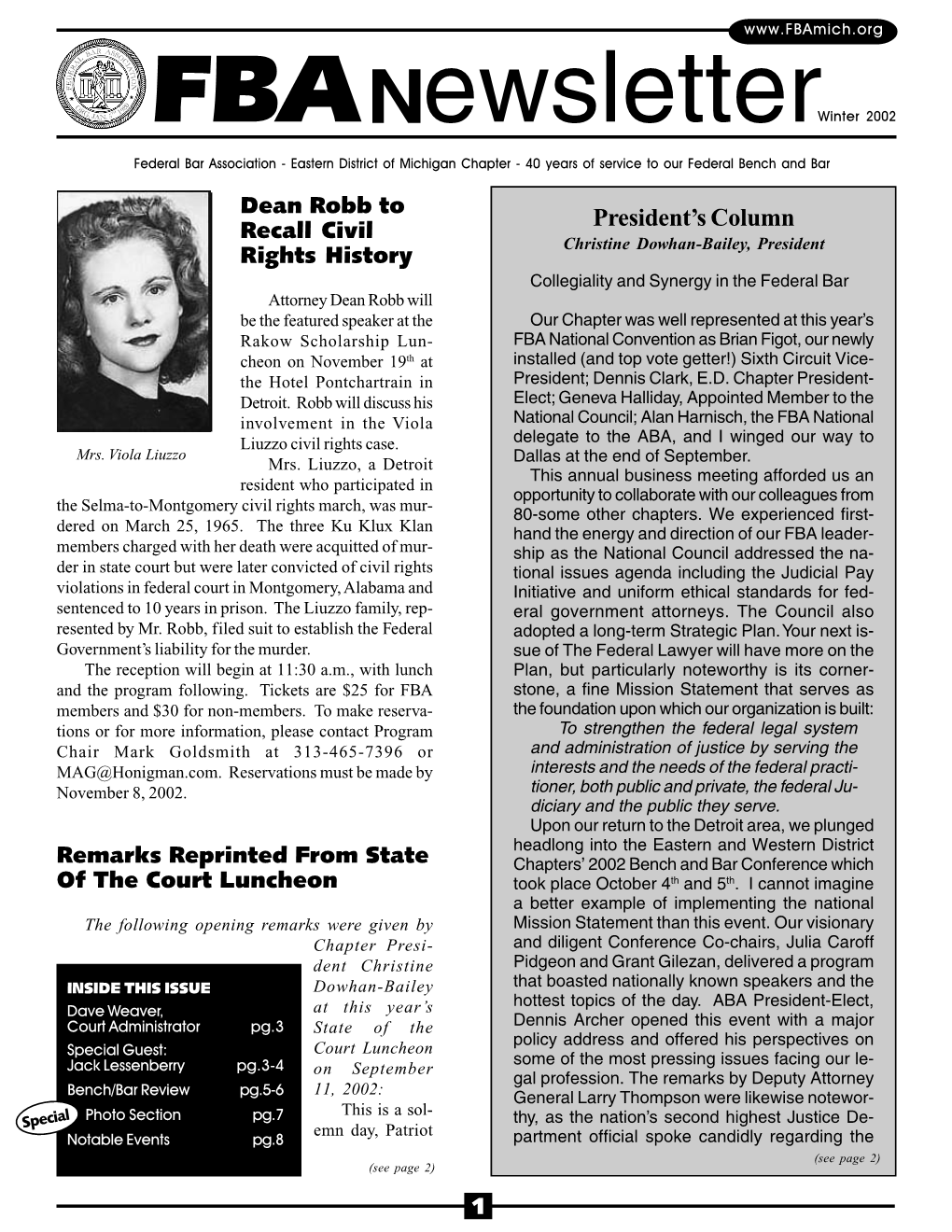 Winter 2002 Federal Bar Association - Eastern District of Michigan Chapter - 40 Years of Service to Our Federal Bench and Bar