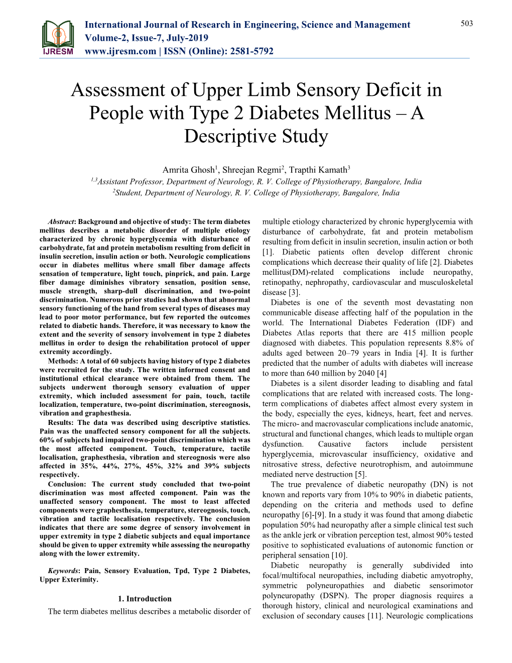 Assessment of Upper Limb Sensory Deficit in People with Type 2 Diabetes Mellitus – a Descriptive Study