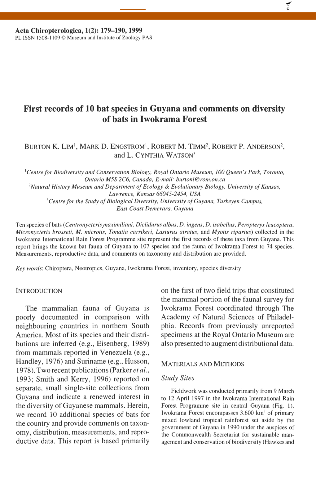 First Records of 10 Bat Species in Guyana and Comments on Diversity of Bats in Iwokrama Forest