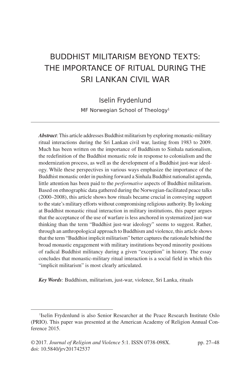 Buddhist Militarism Beyond Texts: the Importance of Ritual During the Sri Lankan Civil War