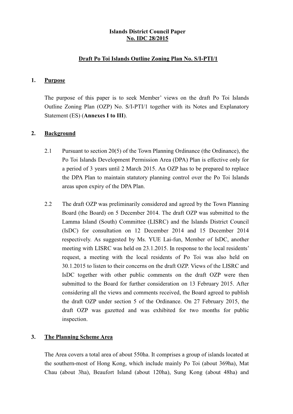 Draft Po Toi Islands Outline Zoning Plan No. S/I-PTI/1