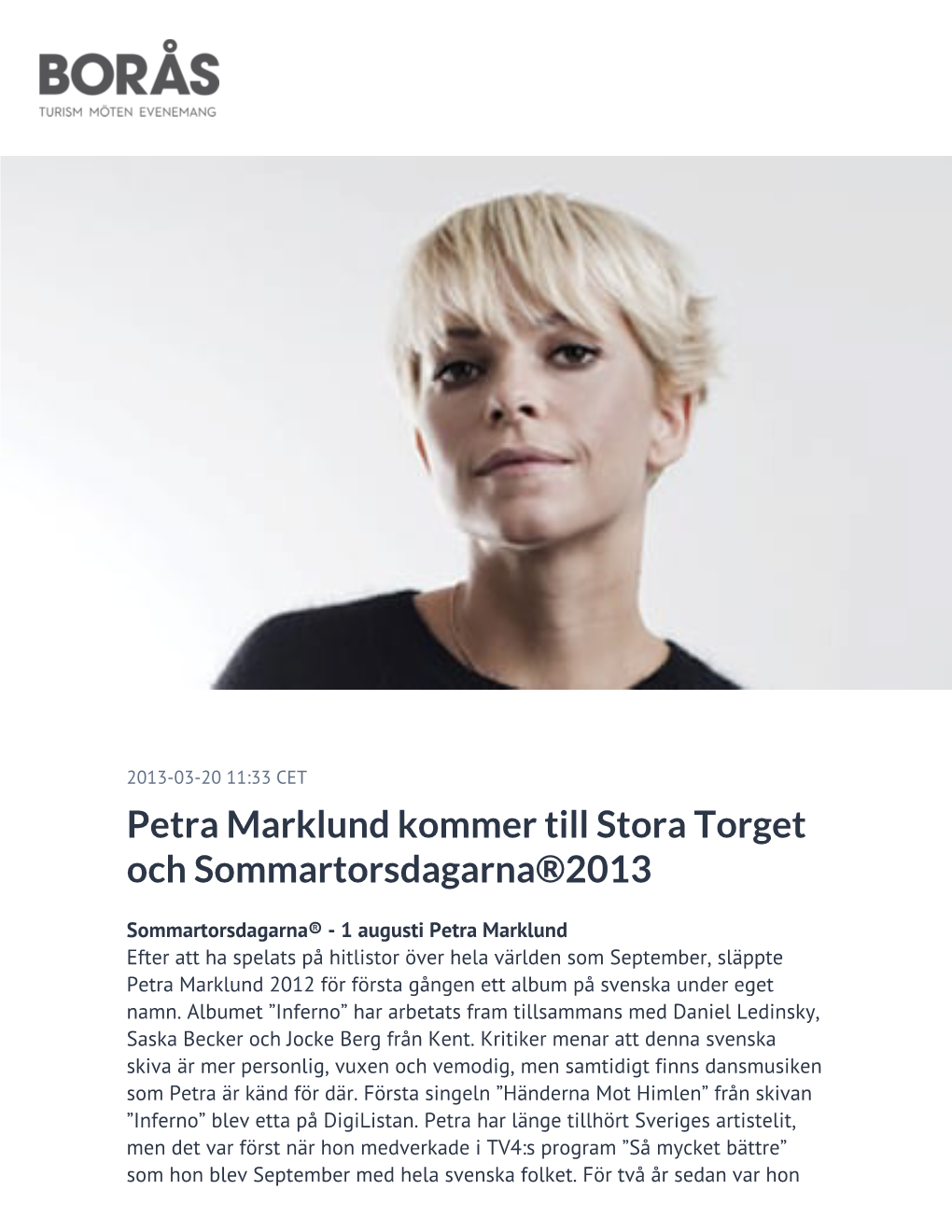 Petra Marklund Kommer Till Stora Torget Och Sommartorsdagarna®2013