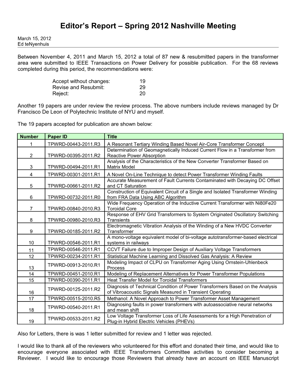 Editor S Report Spring 2012 Nashville Meeting