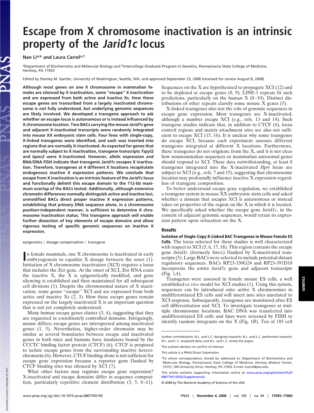 Escape from X Chromosome Inactivation Is an Intrinsic Property of the Jarid1c Locus