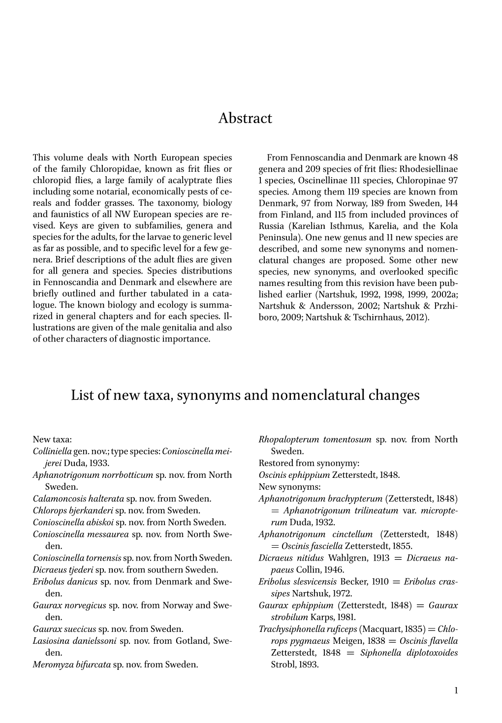 Abstract List of New Taxa, Synonyms and Nomenclatural Changes