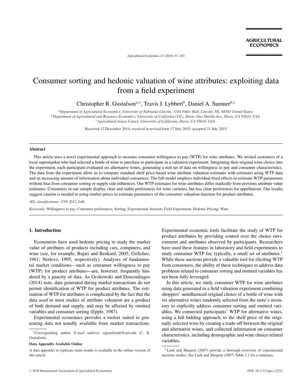 Consumer Sorting and Hedonic Valuation of Wine Attributes: Exploiting Data from a ﬁeld Experiment