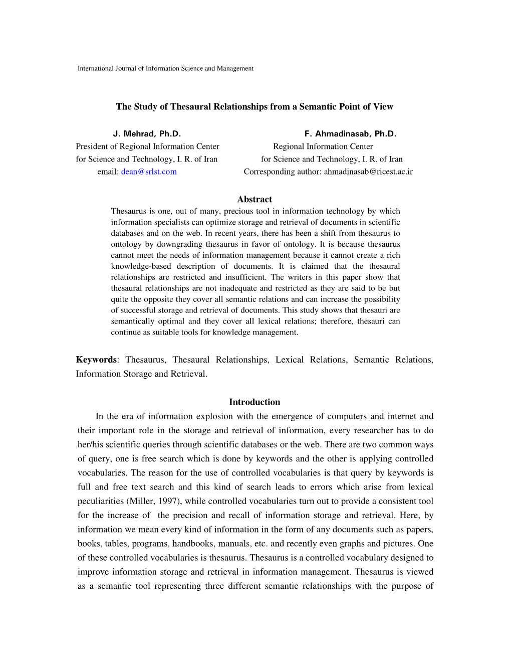 Thesaurus, Thesaural Relationships, Lexical Relations, Semantic Relations, Information Storage and Retrieval