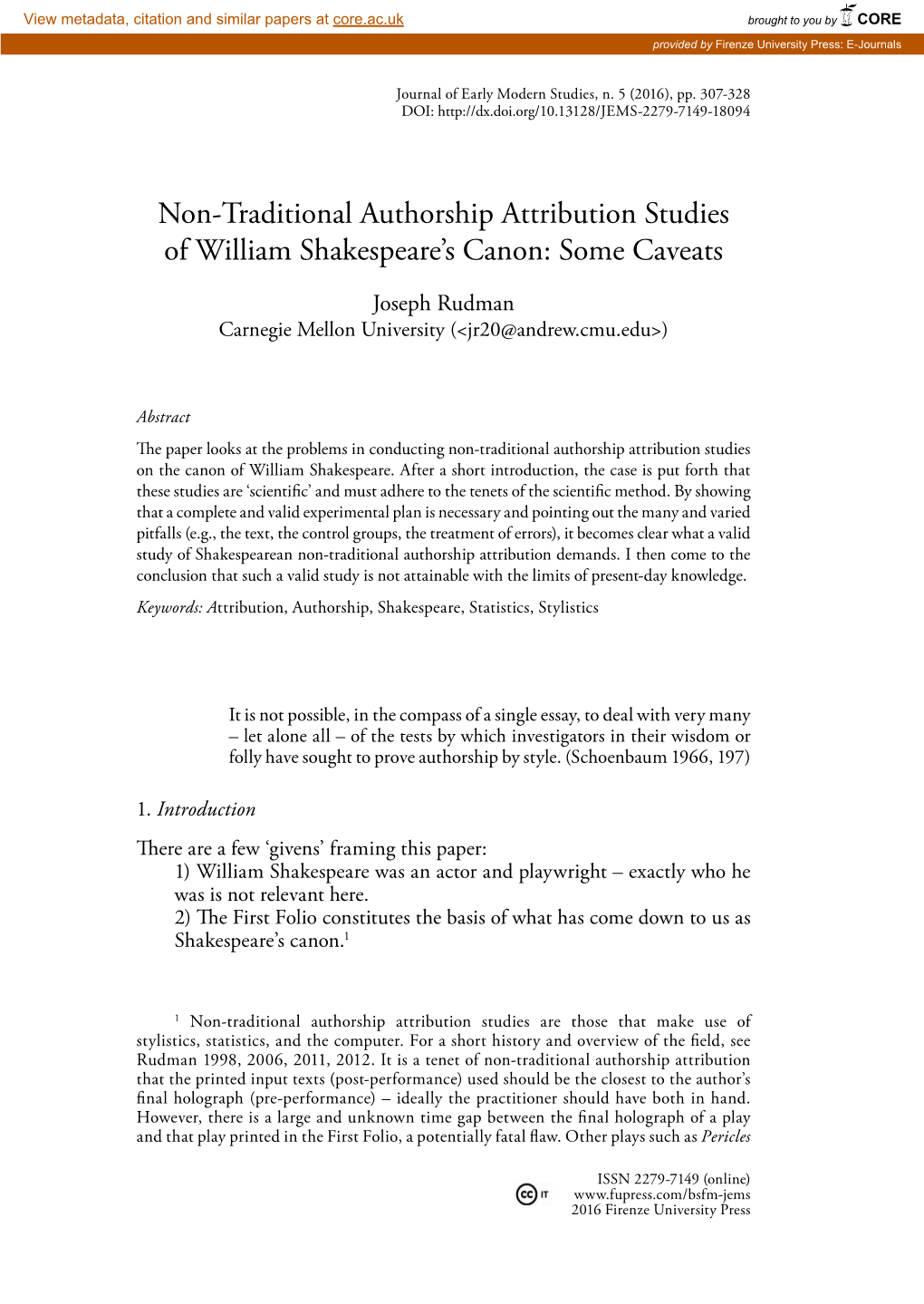 Non-Traditional Authorship Attribution Studies of William Shakespeare’S Canon: Some Caveats