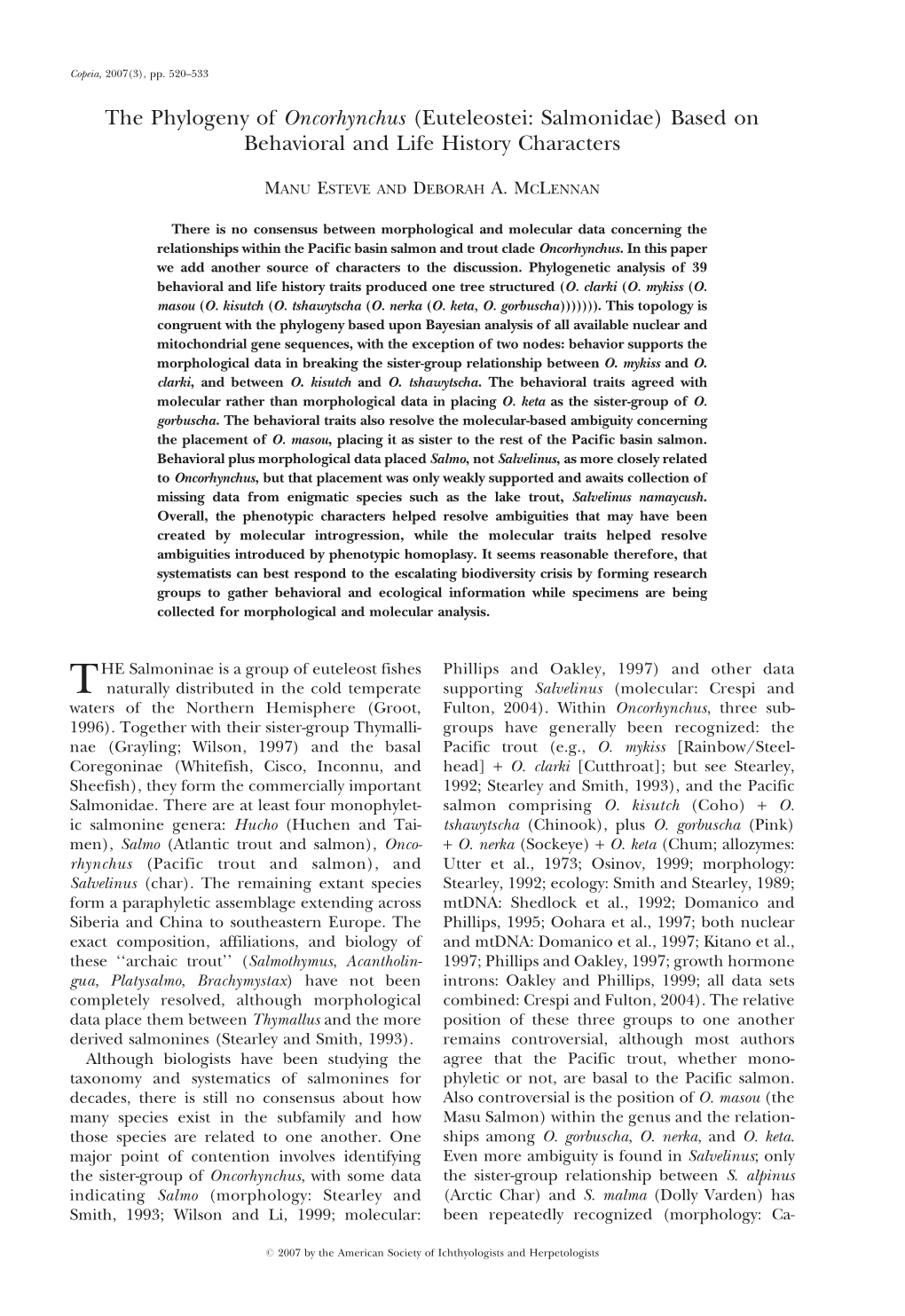 The Phylogeny of Oncorhynchus (Euteleostei: Salmonidae) Based on Behavioral and Life History Characters