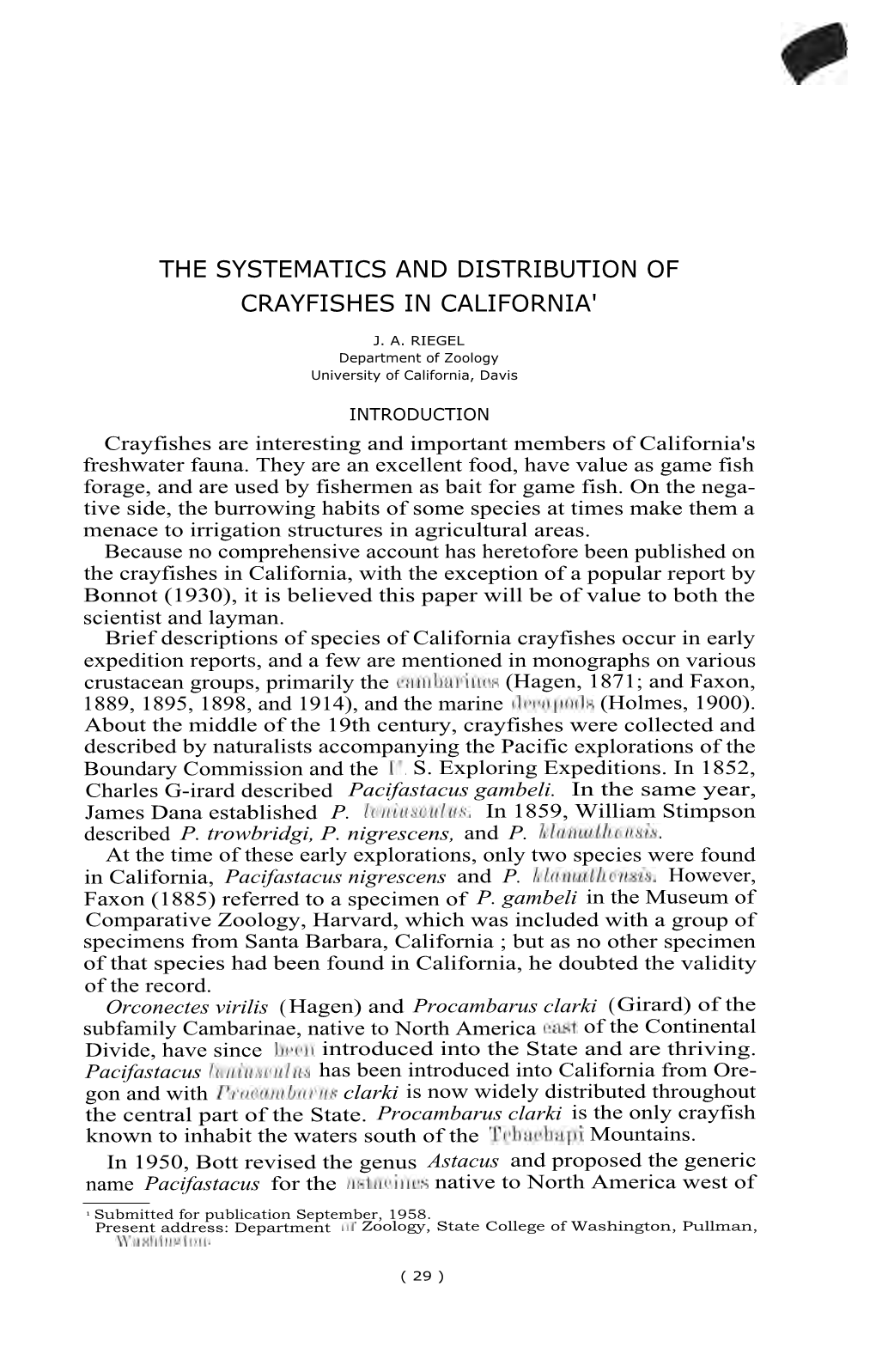 The Systematics and Distribution of Crayfishes in California'