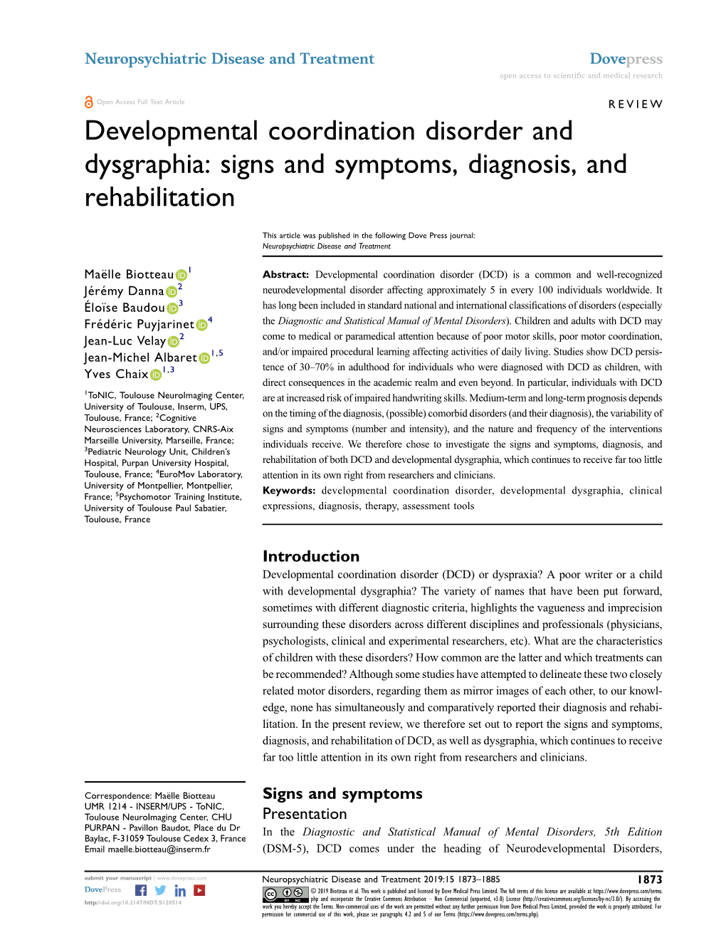 Developmental Coordination Disorder and Dysgraphia: Signs and Symptoms, Diagnosis, and Rehabilitation