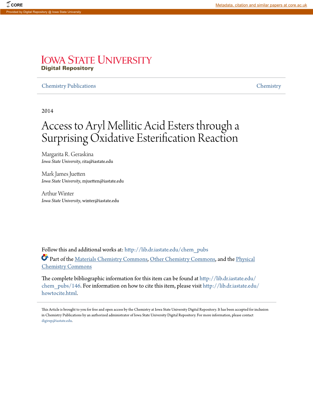 Access to Aryl Mellitic Acid Esters Through a Surprising Oxidative Esterification Reaction Margarita R