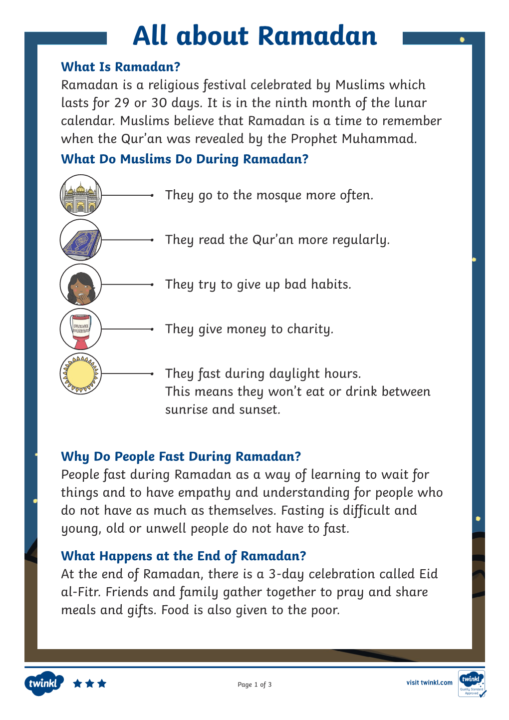 All About Ramadan What Is Ramadan? Ramadan Is a Religious Festival Celebrated by Muslims Which Lasts for 29 Or 30 Days