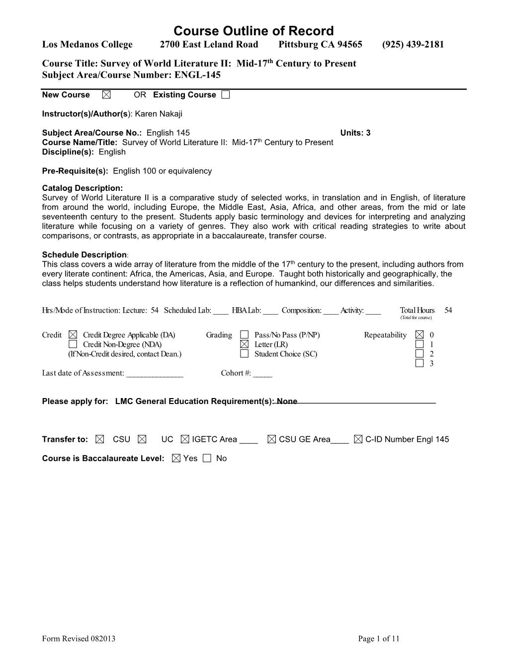 Course Outline of Record Los Medanos College 2700 East Leland Road Pittsburg CA 94565 (925) 439-2181