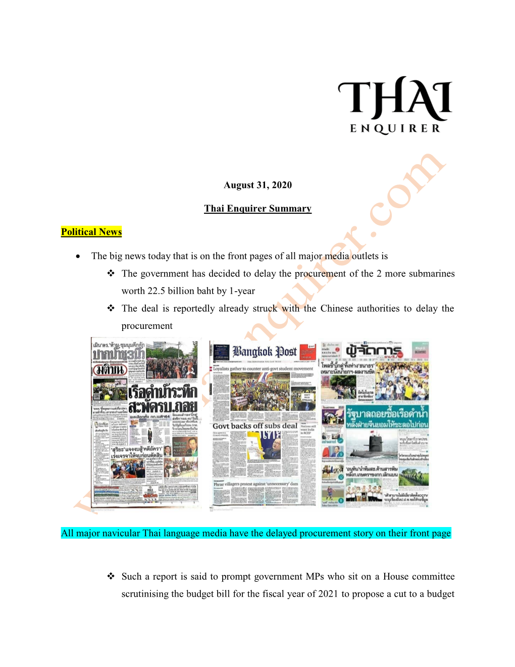 August 31, 2020 Thai Enquirer Summary Political News