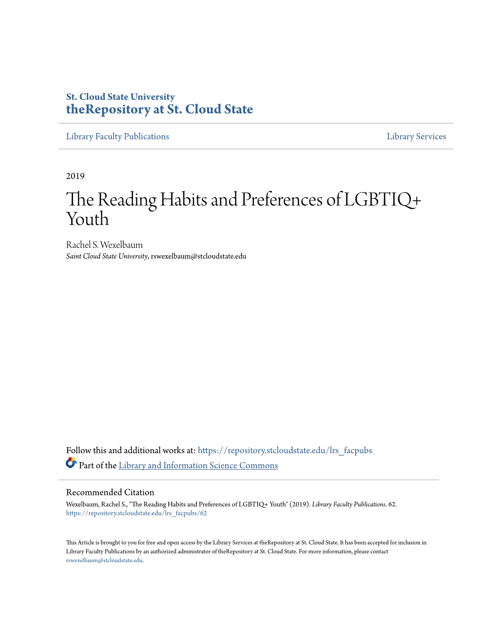 The Reading Habits and Preferences of LGBTIQ+ Youth Rachel S