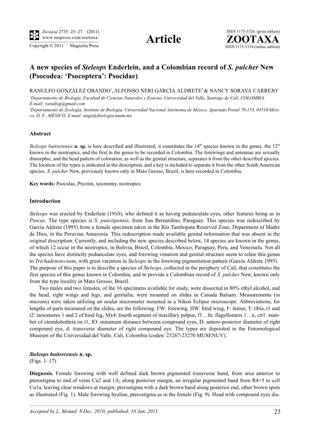 A New Species of Steleops Enderlein, and a Colombian Record of S. Pulcher New (Psocodea: 'Psocoptera': Psocidae)