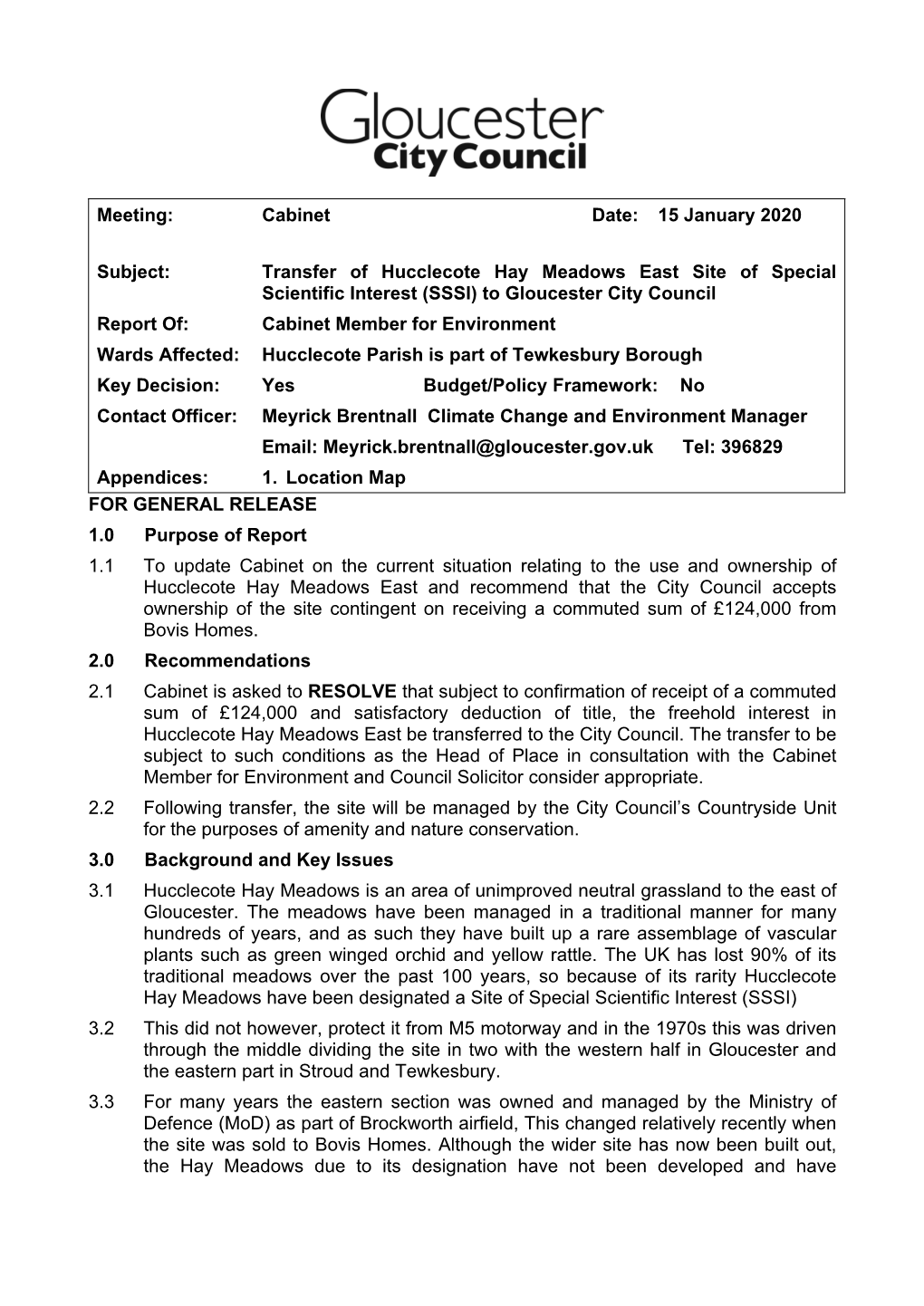 Transfer of Hucclecote Hay Meadows East Site of Special Scientific Interest