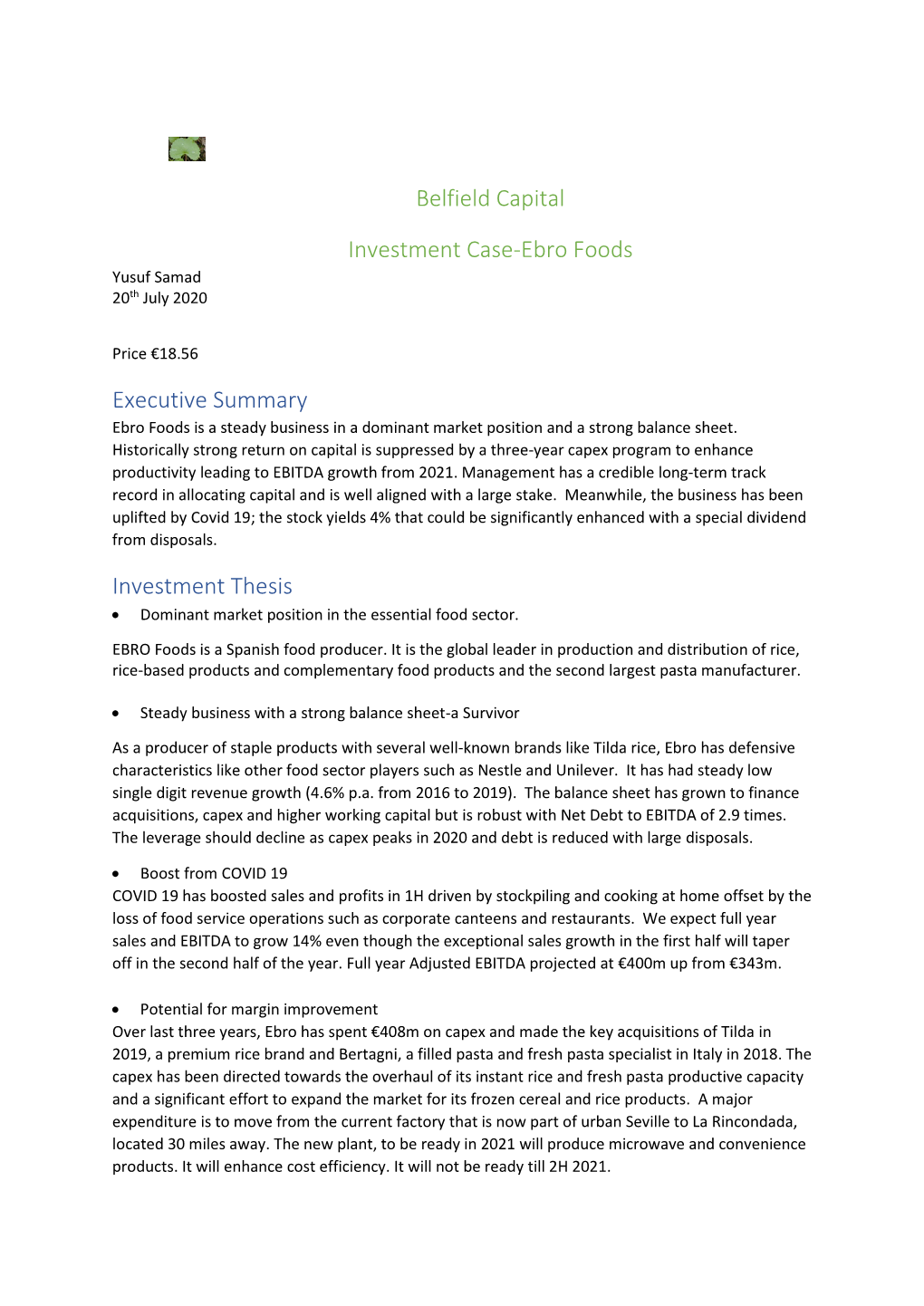 Belfield Capital Investment Case-Ebro Foods Executive