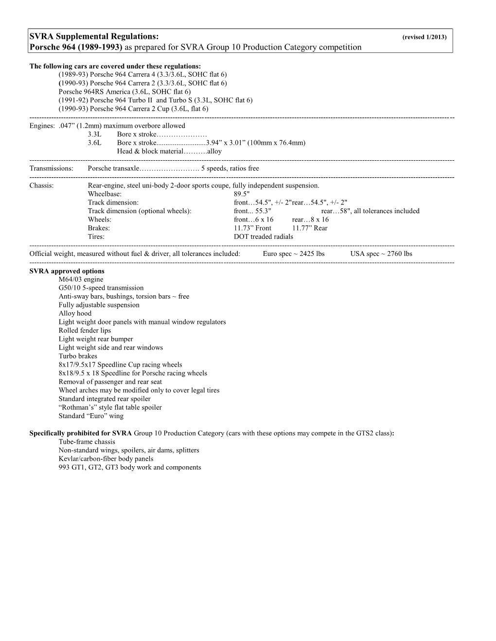 SVRA Supplemental Regulations: Porsche 964 (1989-1993) As