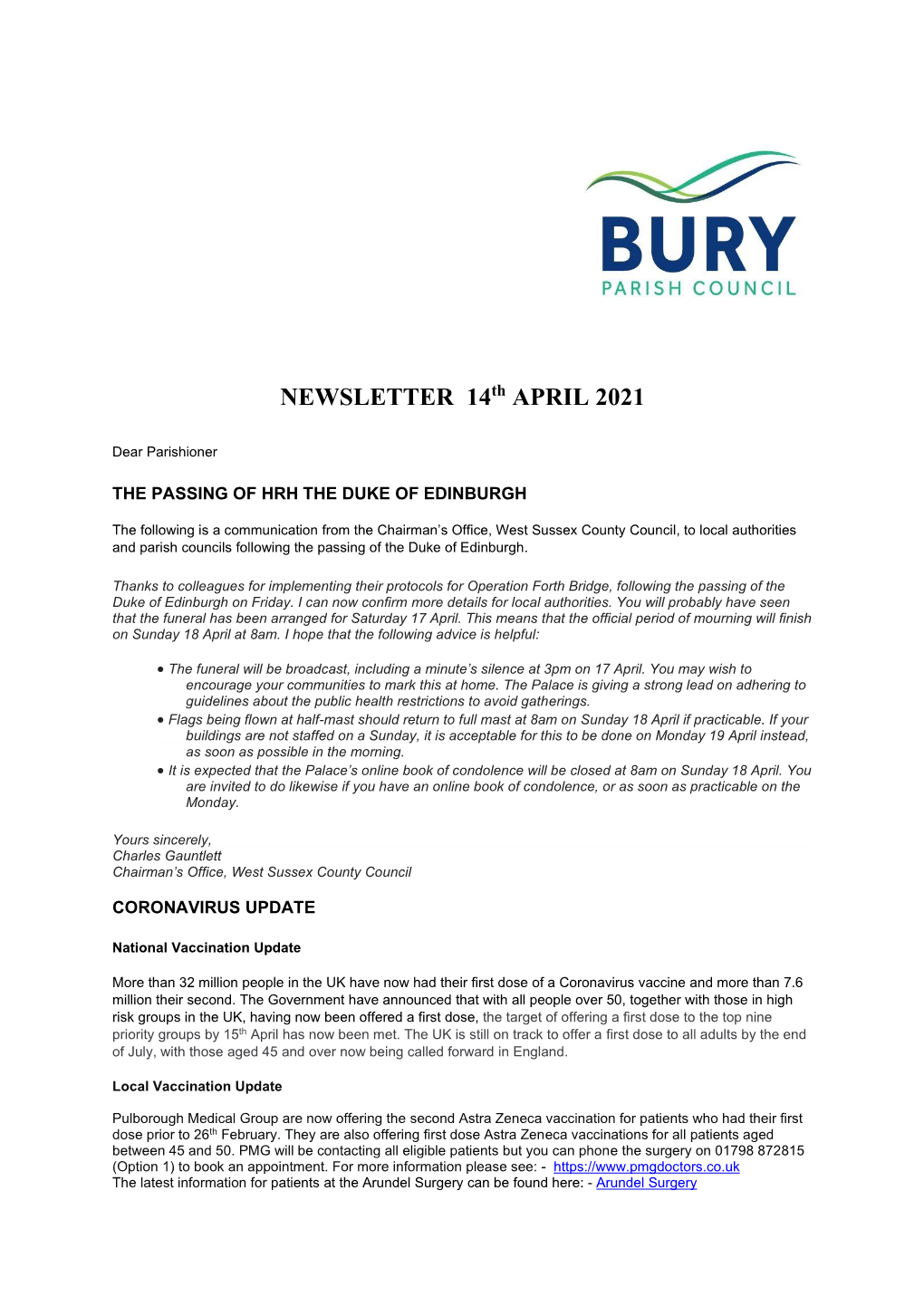 NEWSLETTER 14Th APRIL 2021