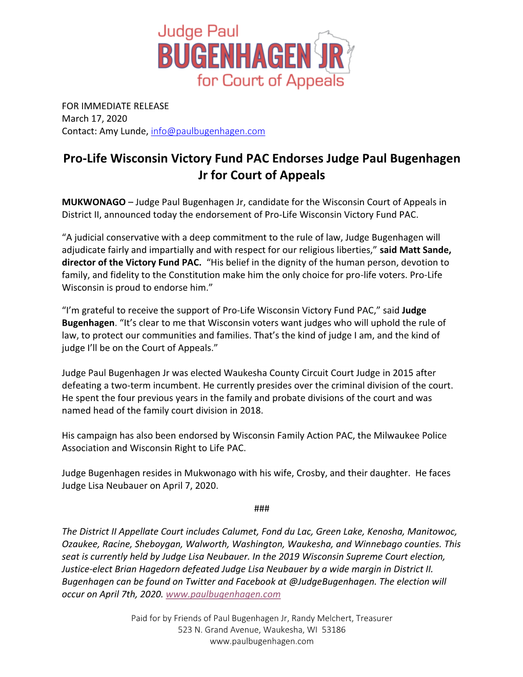 Pro-Life Wisconsin Victory Fund PAC Endorses Judge Paul Bugenhagen Jr for Court of Appeals