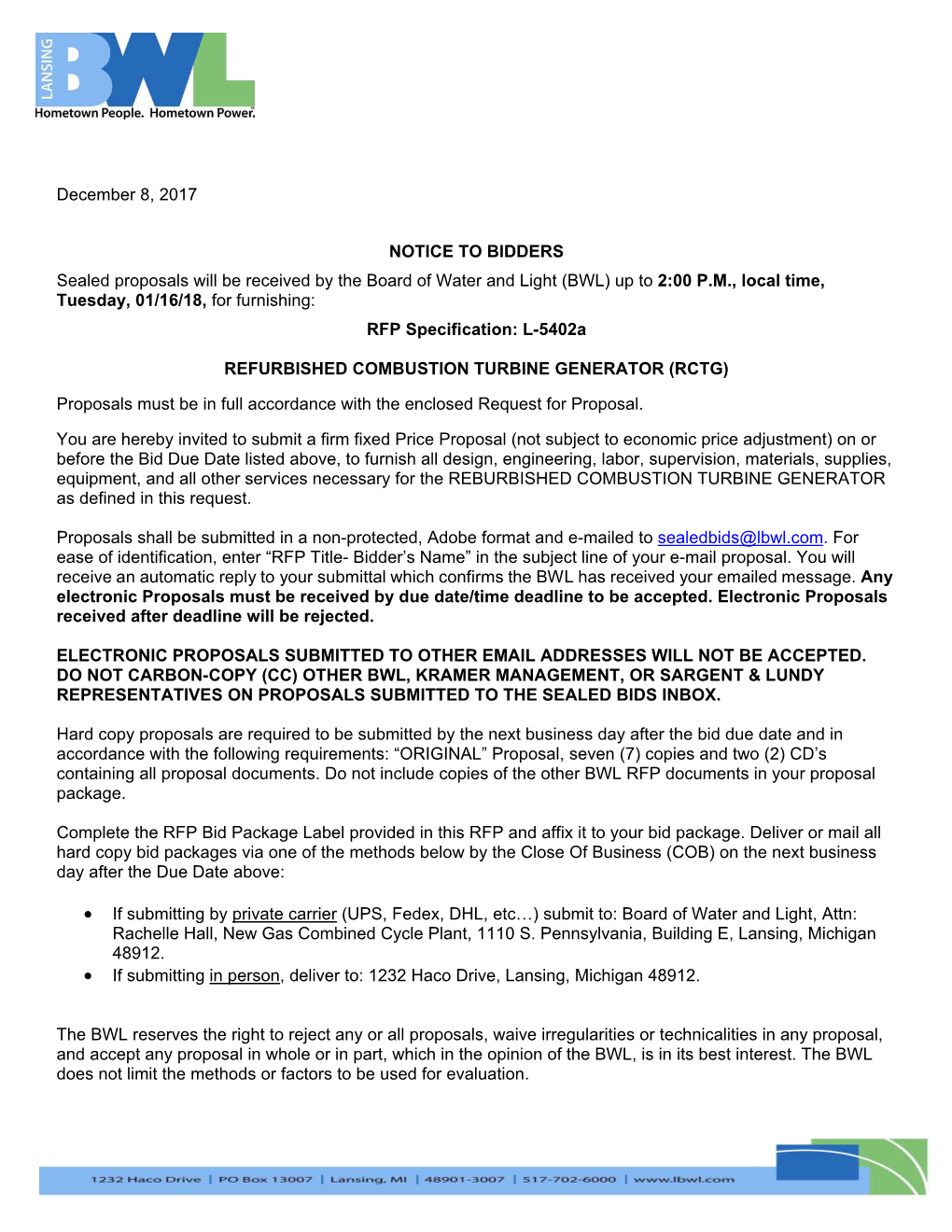 December 8, 2017 NOTICE to BIDDERS Sealed
