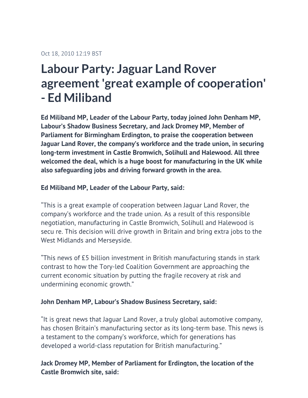 Labour Party: Jaguar Land Rover Agreement 'Great Example of Cooperation' - Ed Miliband