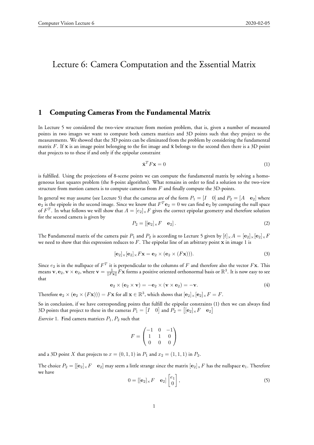 Lecture 6: Camera Computation and the Essential Matrix