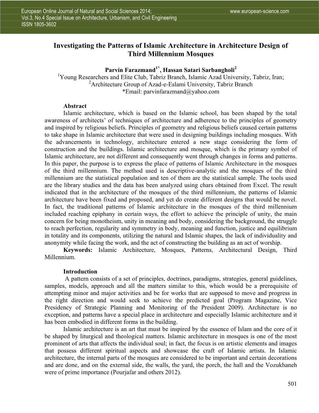 Investigating the Patterns of Islamic Architecture in Architecture Design of Third Millennium Mosques